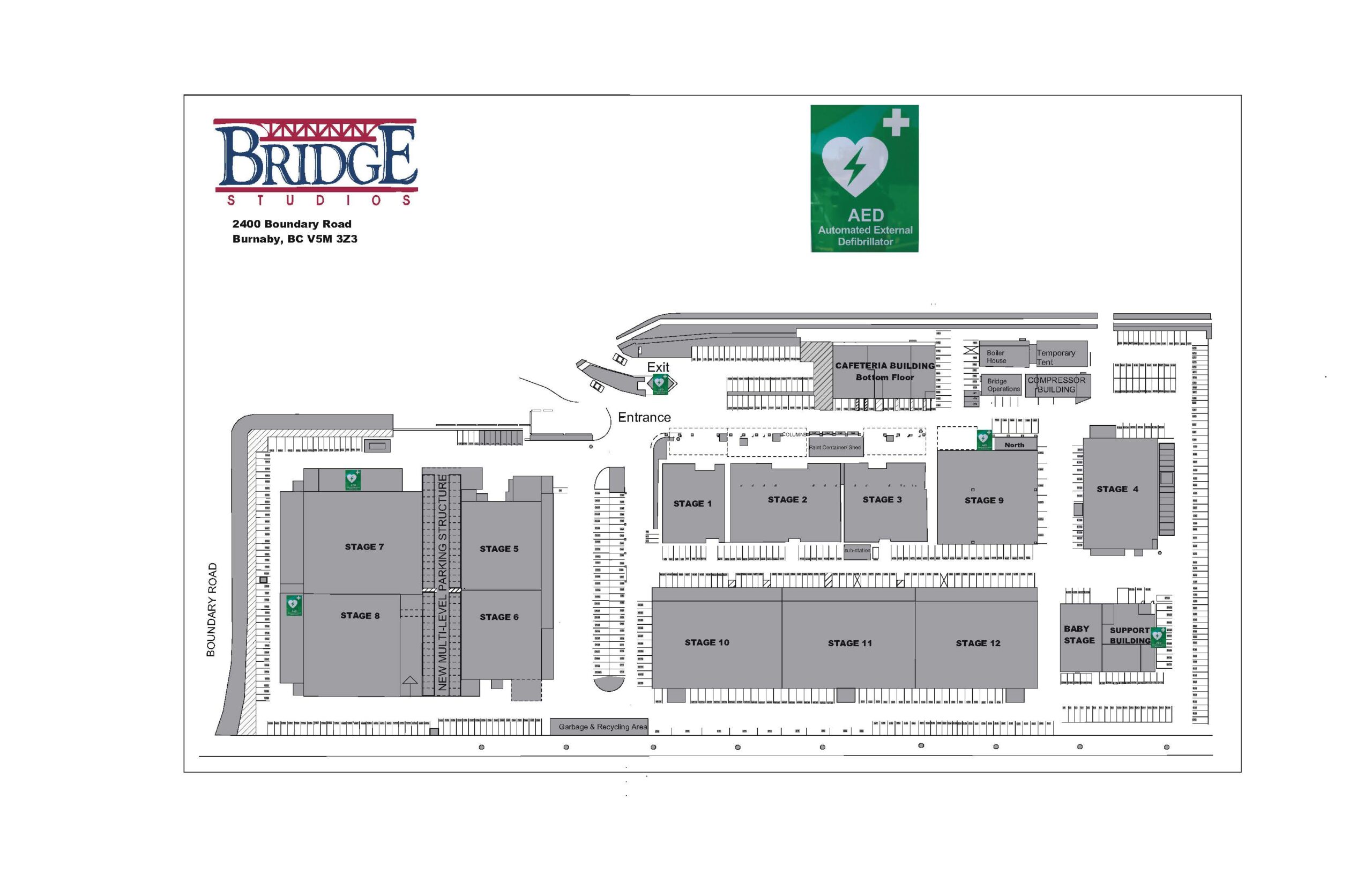 AED locations at Bridge Studios (updated).