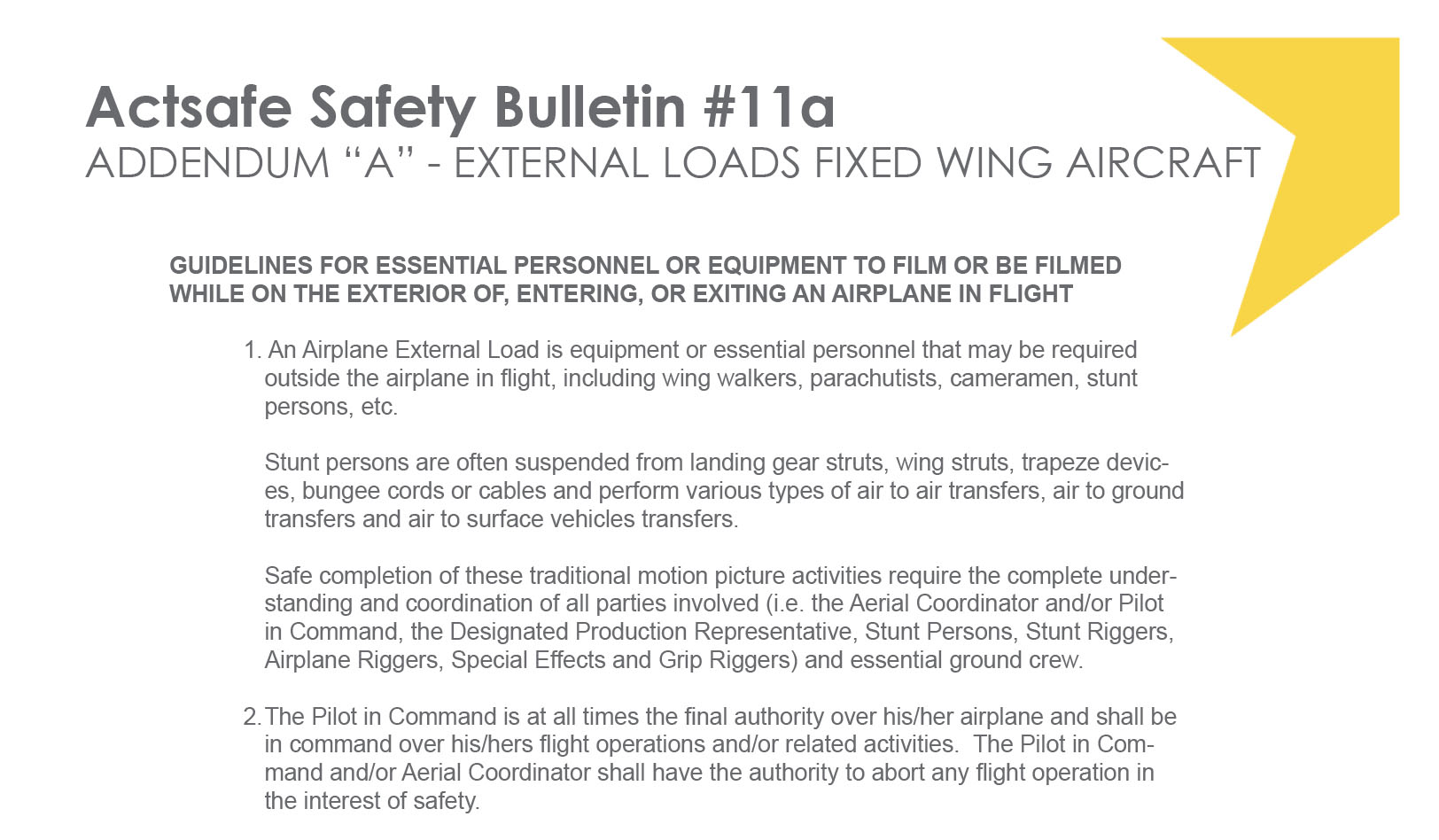 #11A Addendum “A” for Fixed Wing Aircraft – External Loads Motion Picture Safety Bulletin