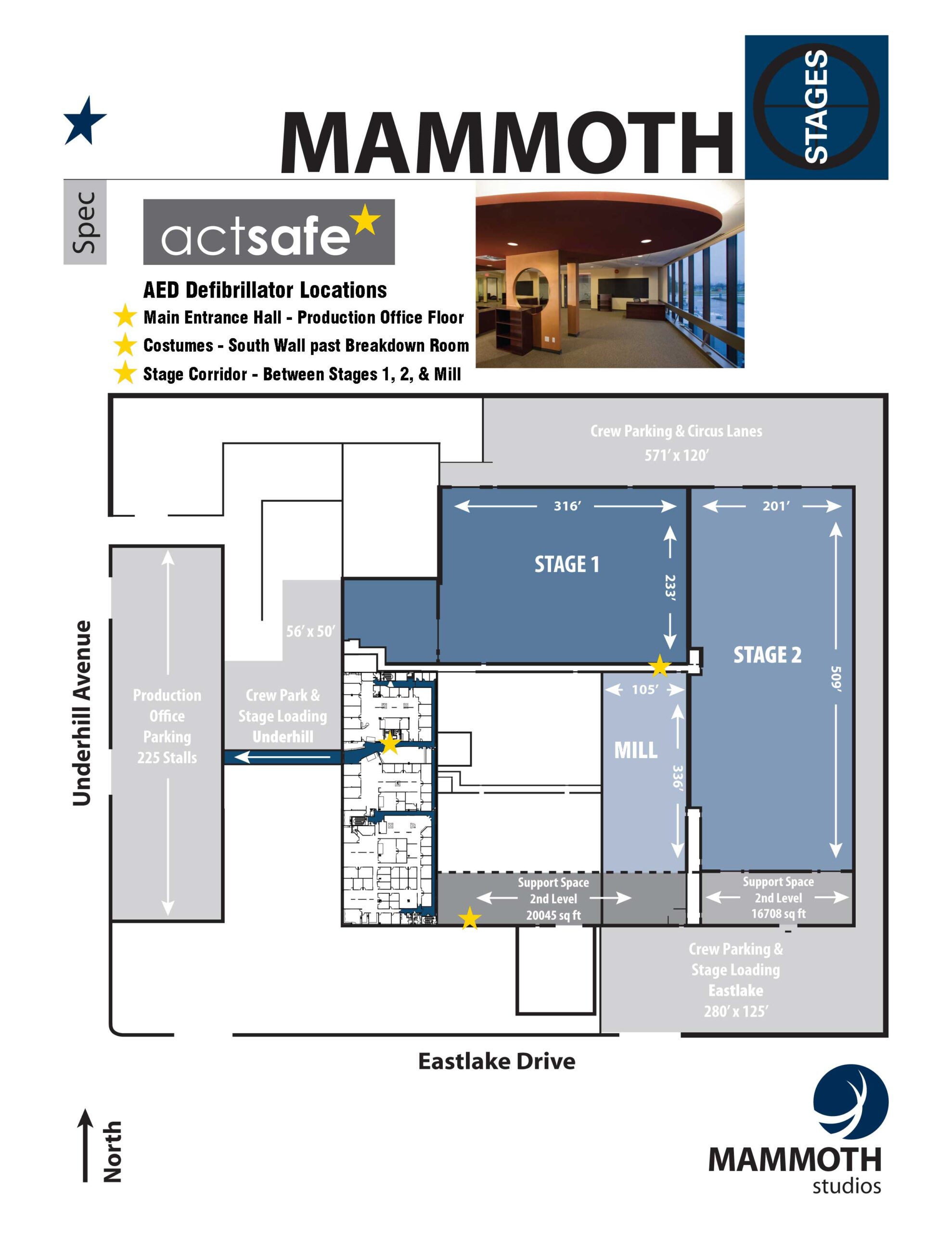 AED locations at Mammoth Studios.