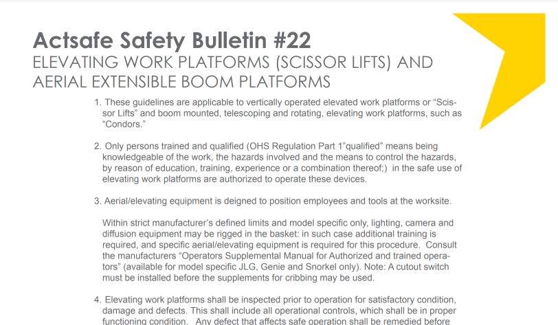 Elevating Platforms (Scissor Lifts) and Aerial Extensible Boom Platforms Motion Picture Safety Bulletin