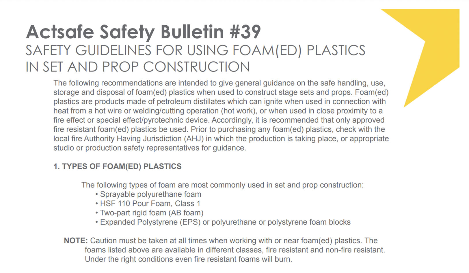 Foamed Plastics in Set and Prop Construction Motion Picture Safety Bulletin