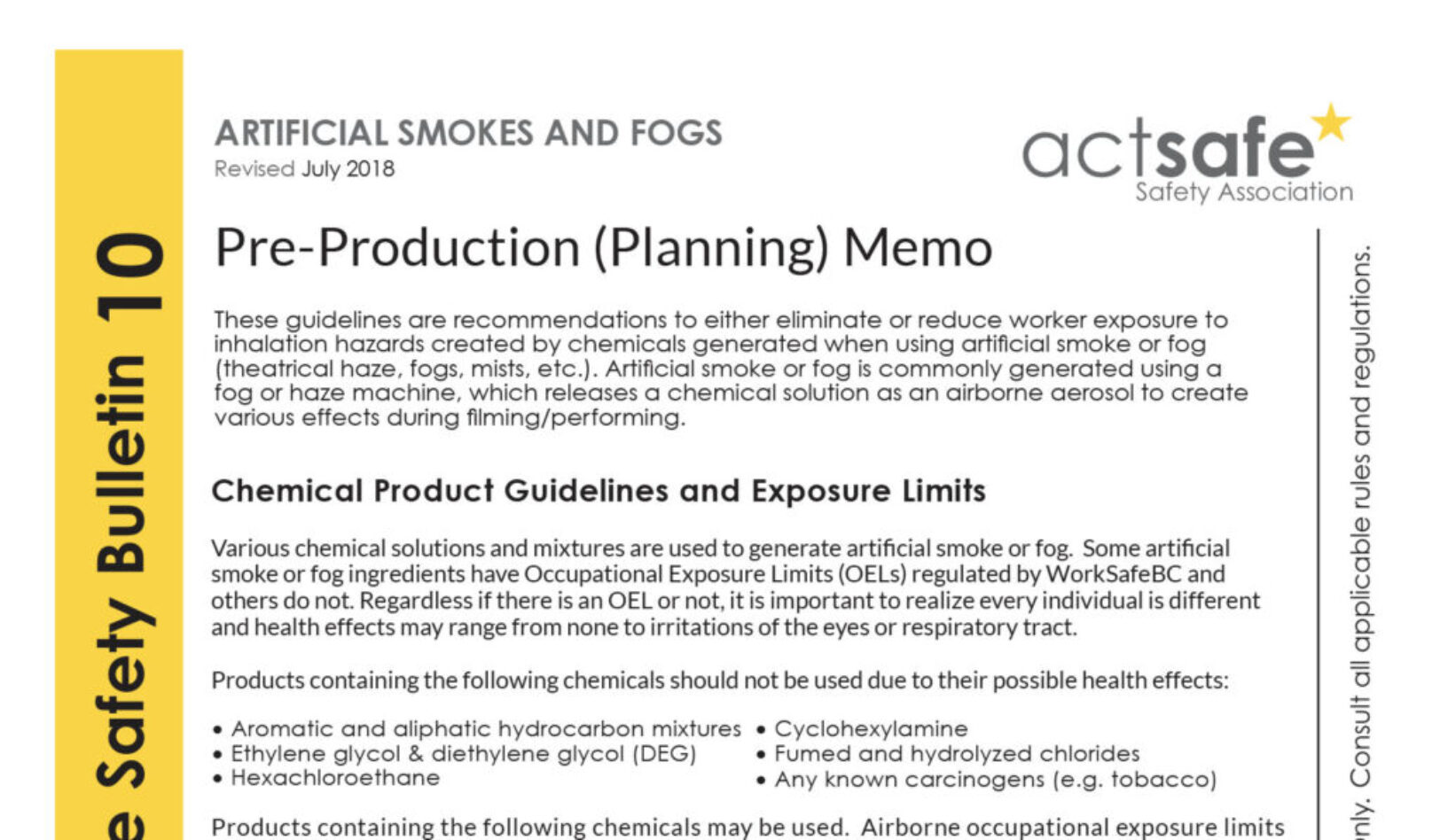 #10 Artificial Smokes and Fogs Motion Picture Safety Bulletin