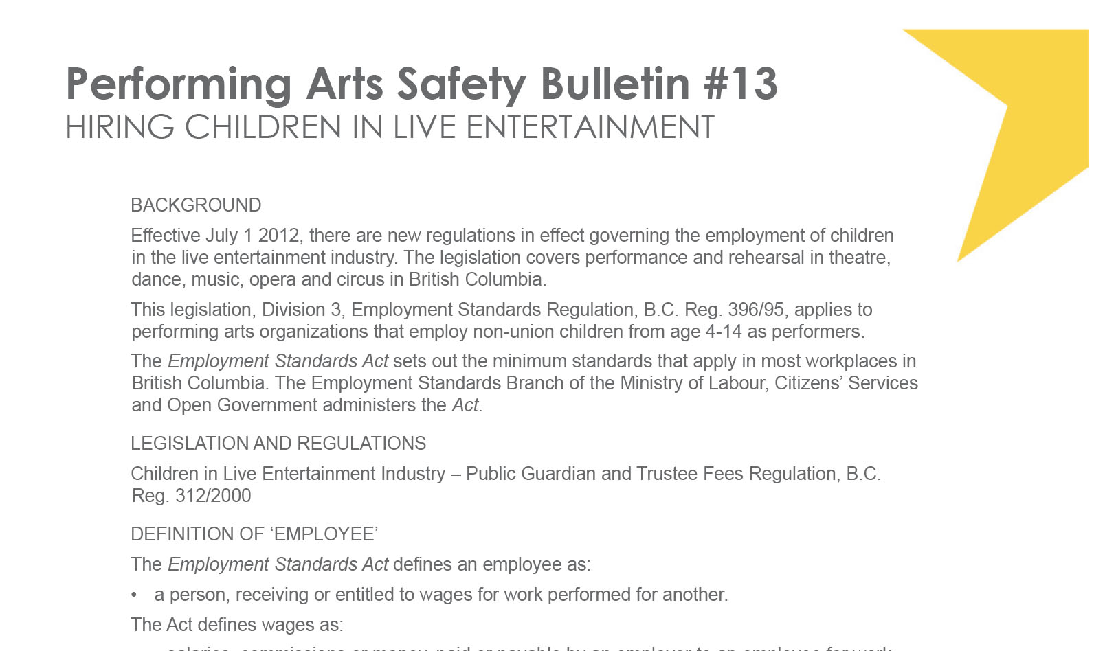 #13 Hiring Children in Live Entertainment Performing Arts Safety Bulletin