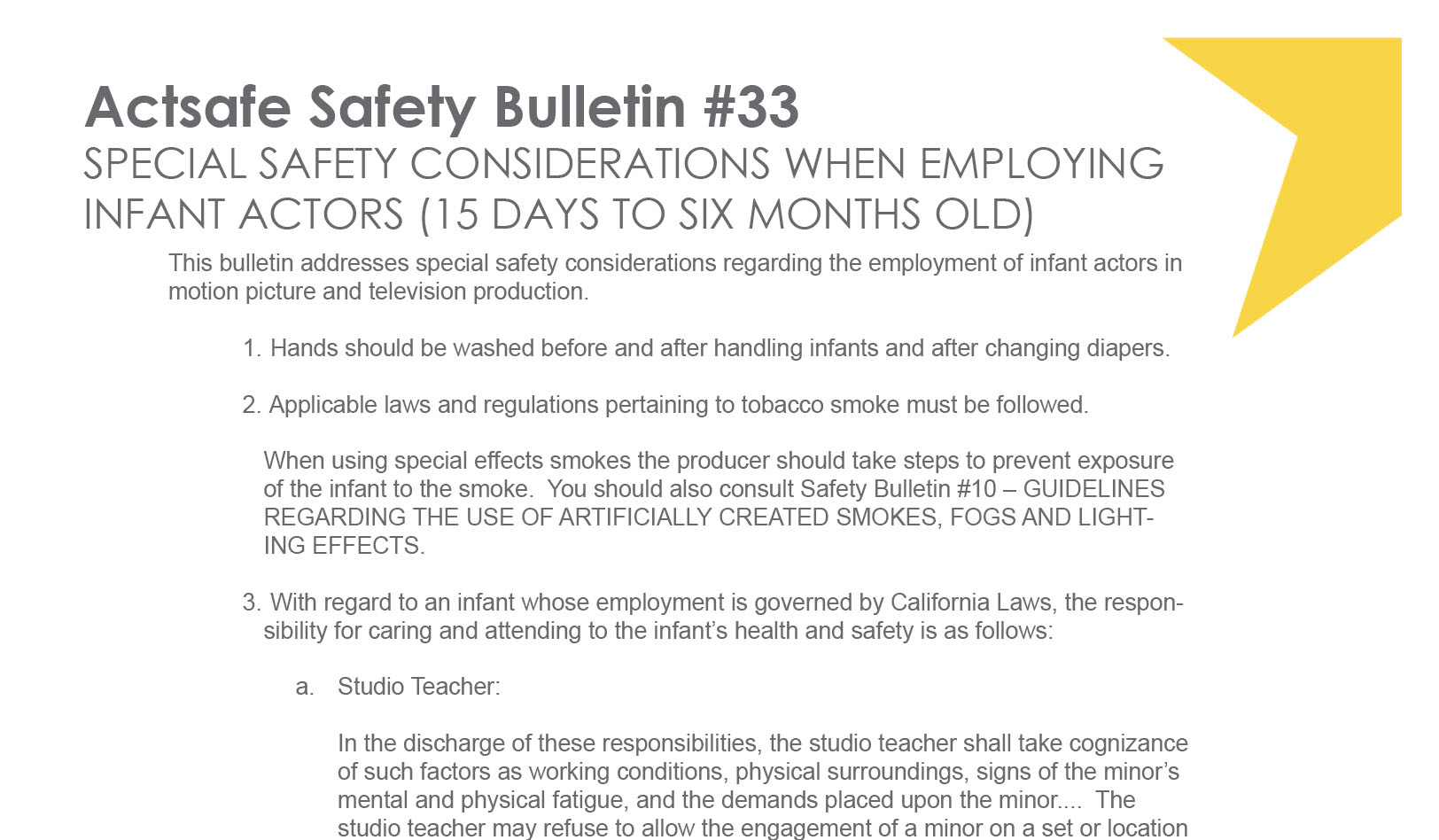 #33 Infant Actors (15 days to 6 months old) Motion Picture Safety Bulletin