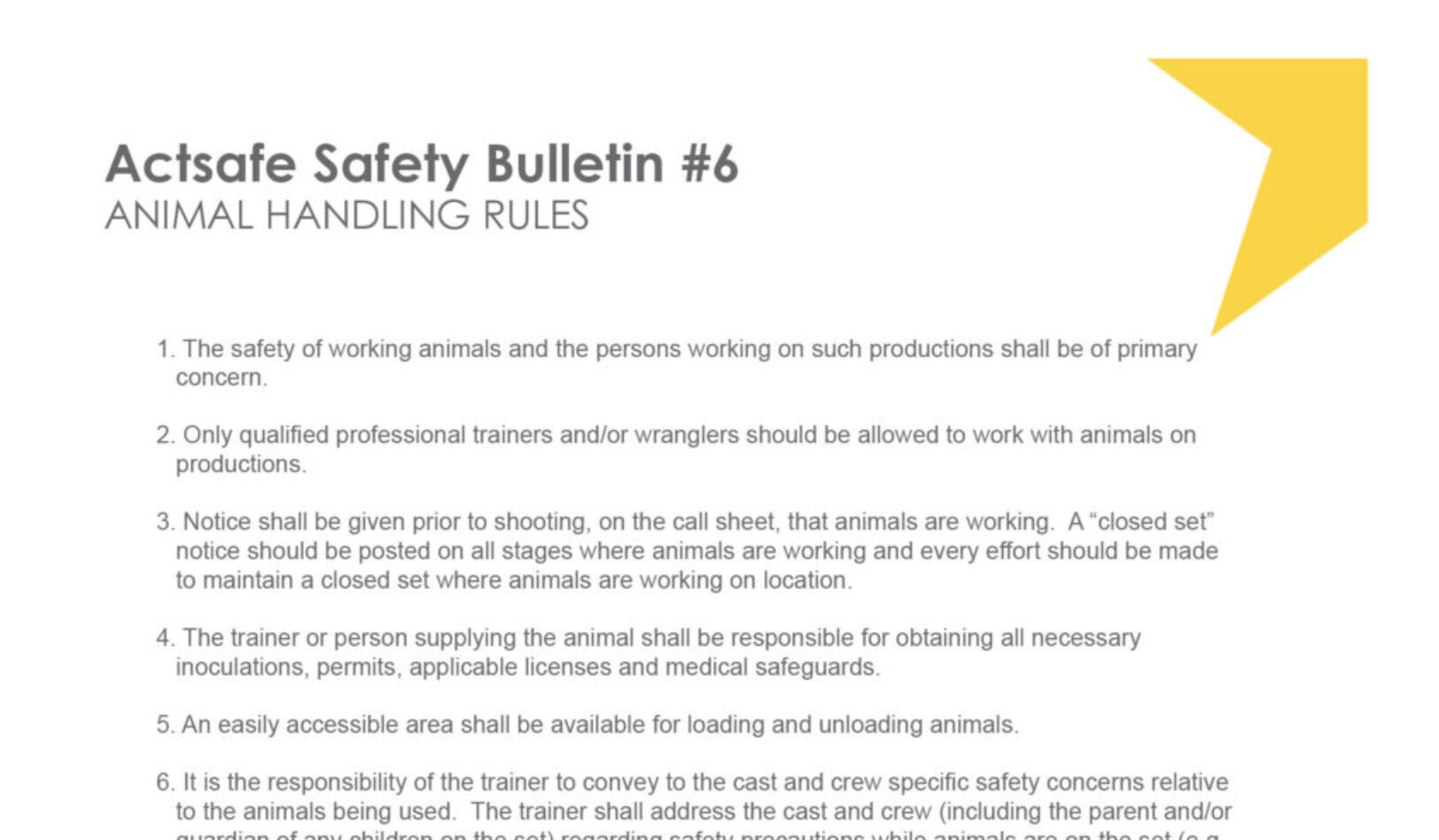#6 Animal Handling Rules Motion Picture Safety Bulletin