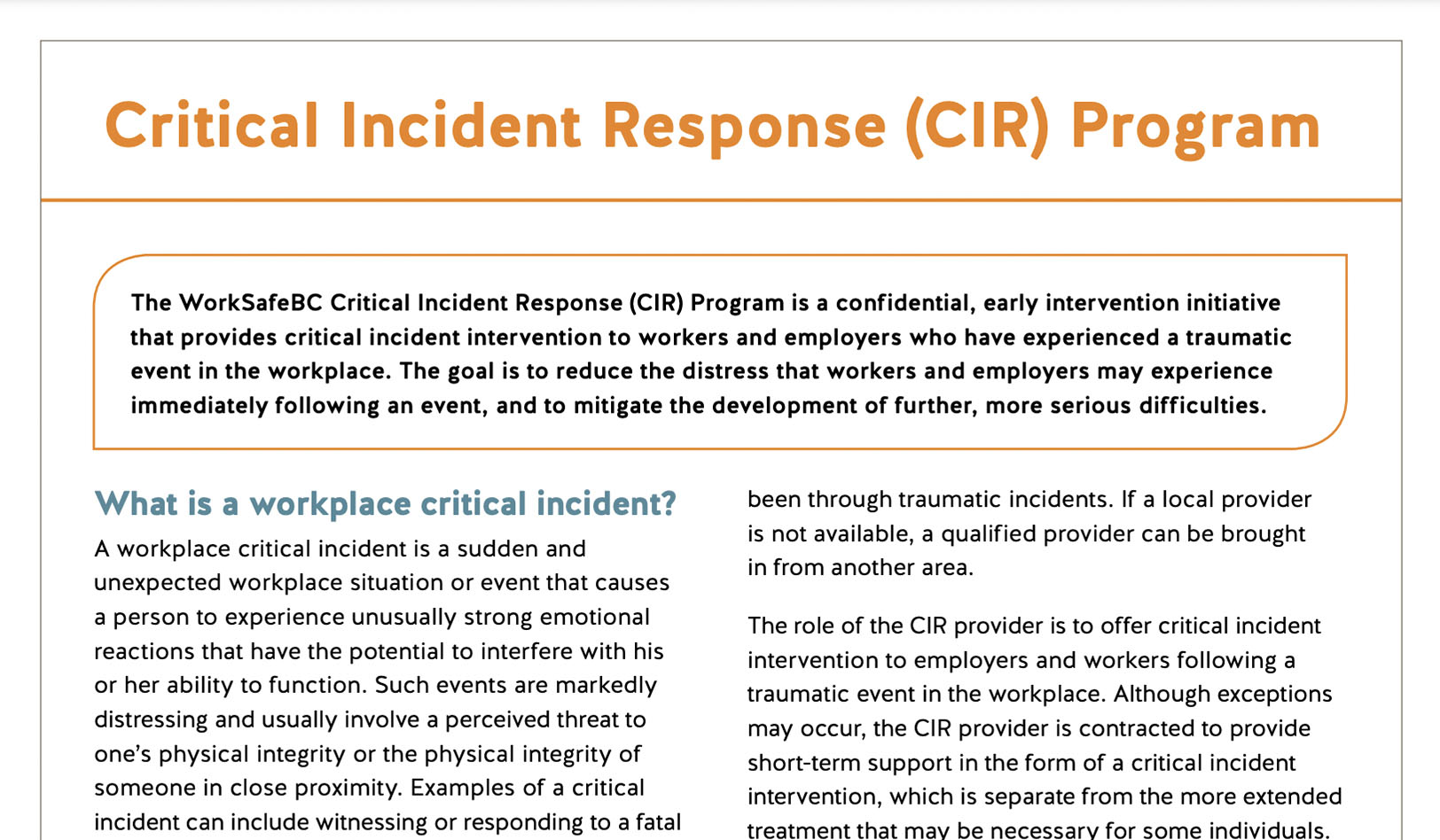WorkSafeBC’s Critical Incident Response (CIR) Program