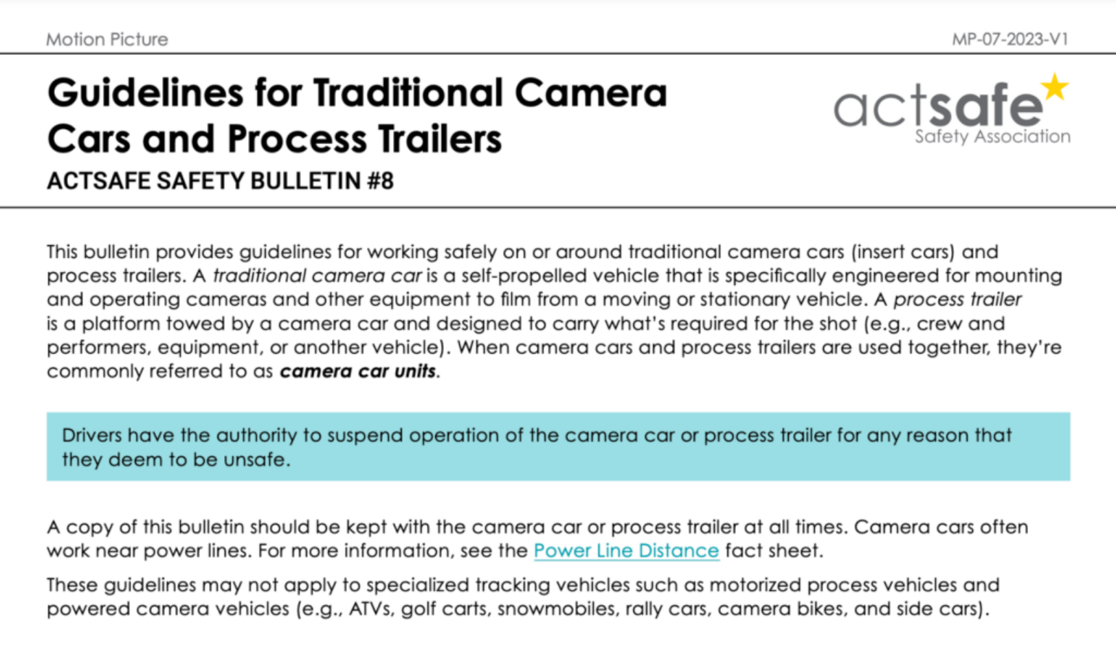 #8 Guidelines for Traditional Camera Cars and Process Trailers
