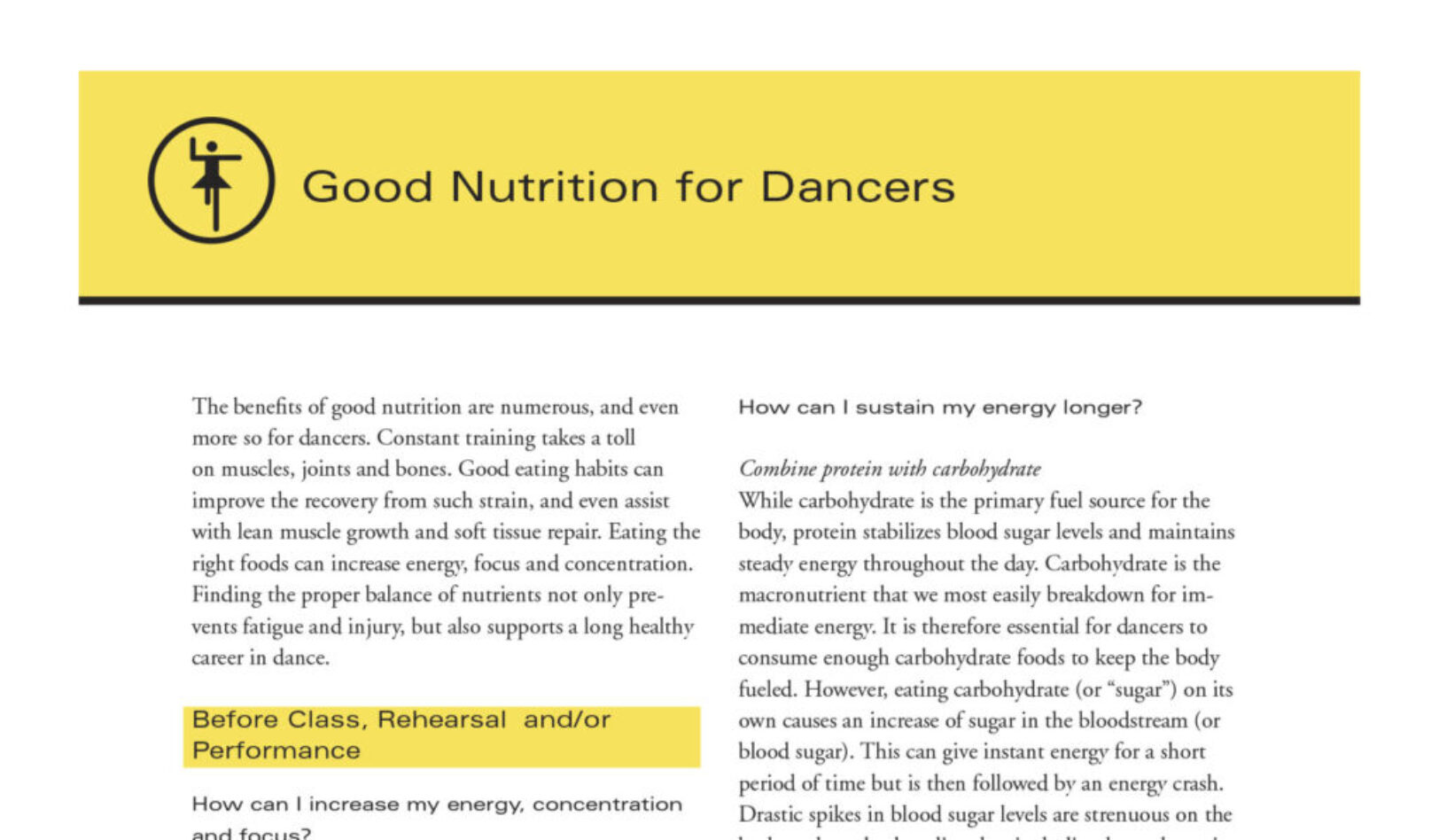 Dancer Nutrition Info Sheet