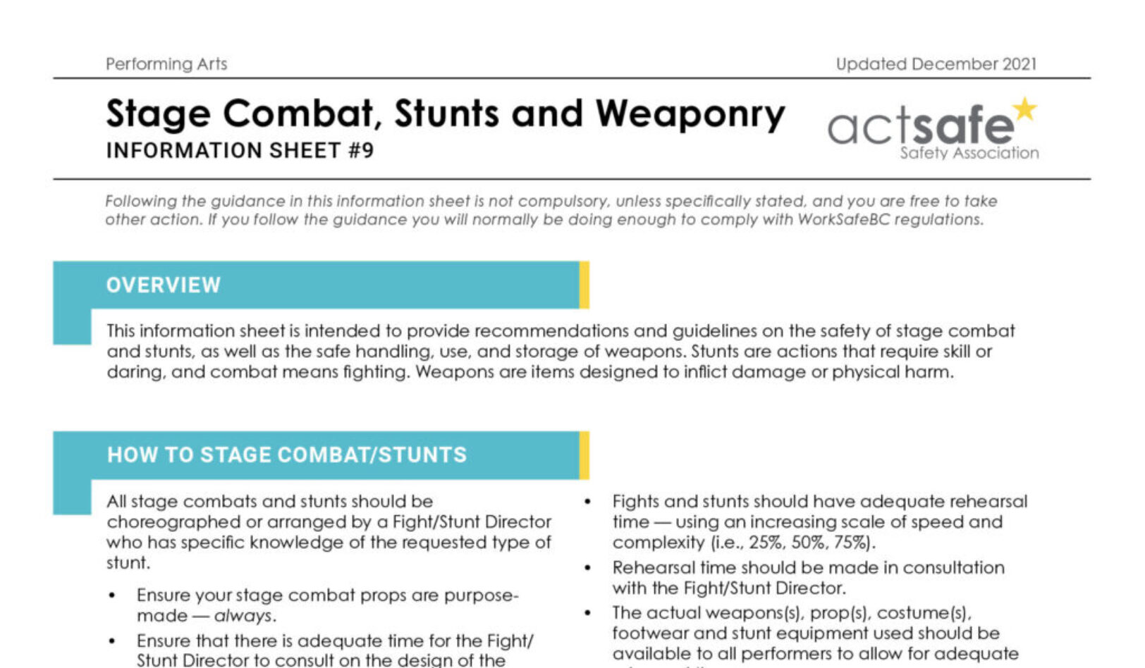 #9 Stage Combat, Stunts & Weaponry Performing Arts Safety Bulletin