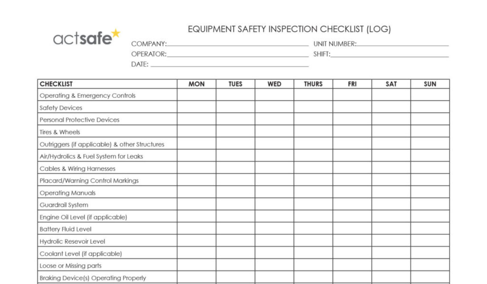 Equipment Safety Inspection Log – Checklist