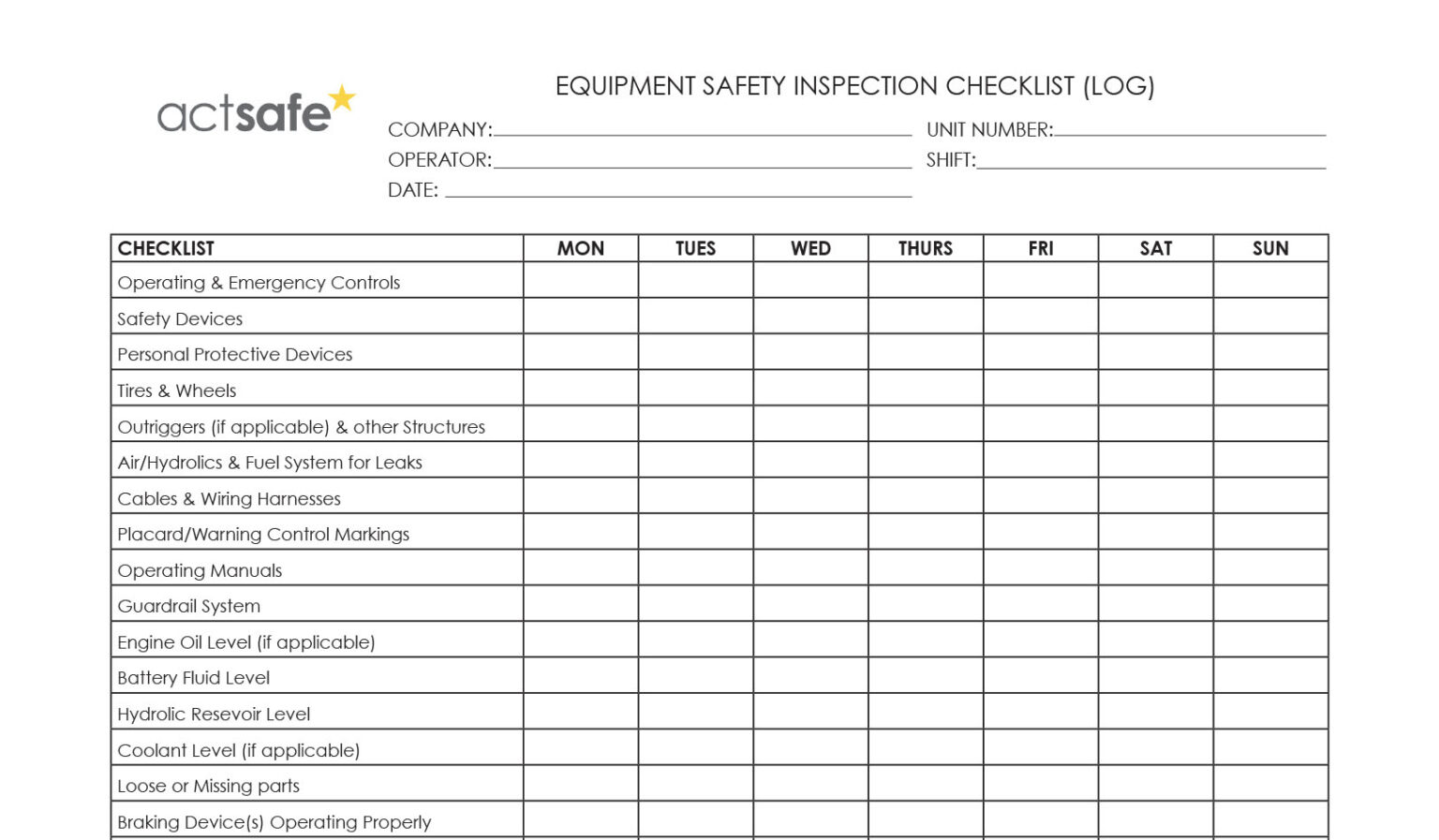 Equipment Safety Inspection Log Checklist Actsafe Safety Association