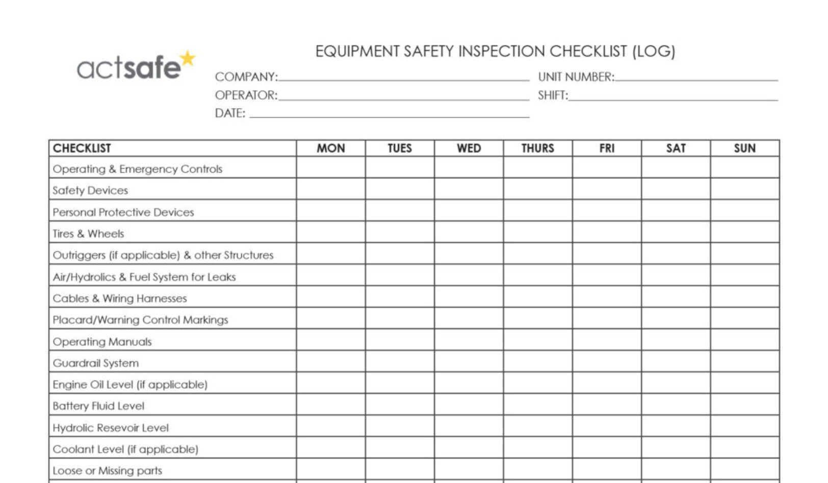 Equipment Safety Inspection Checklist