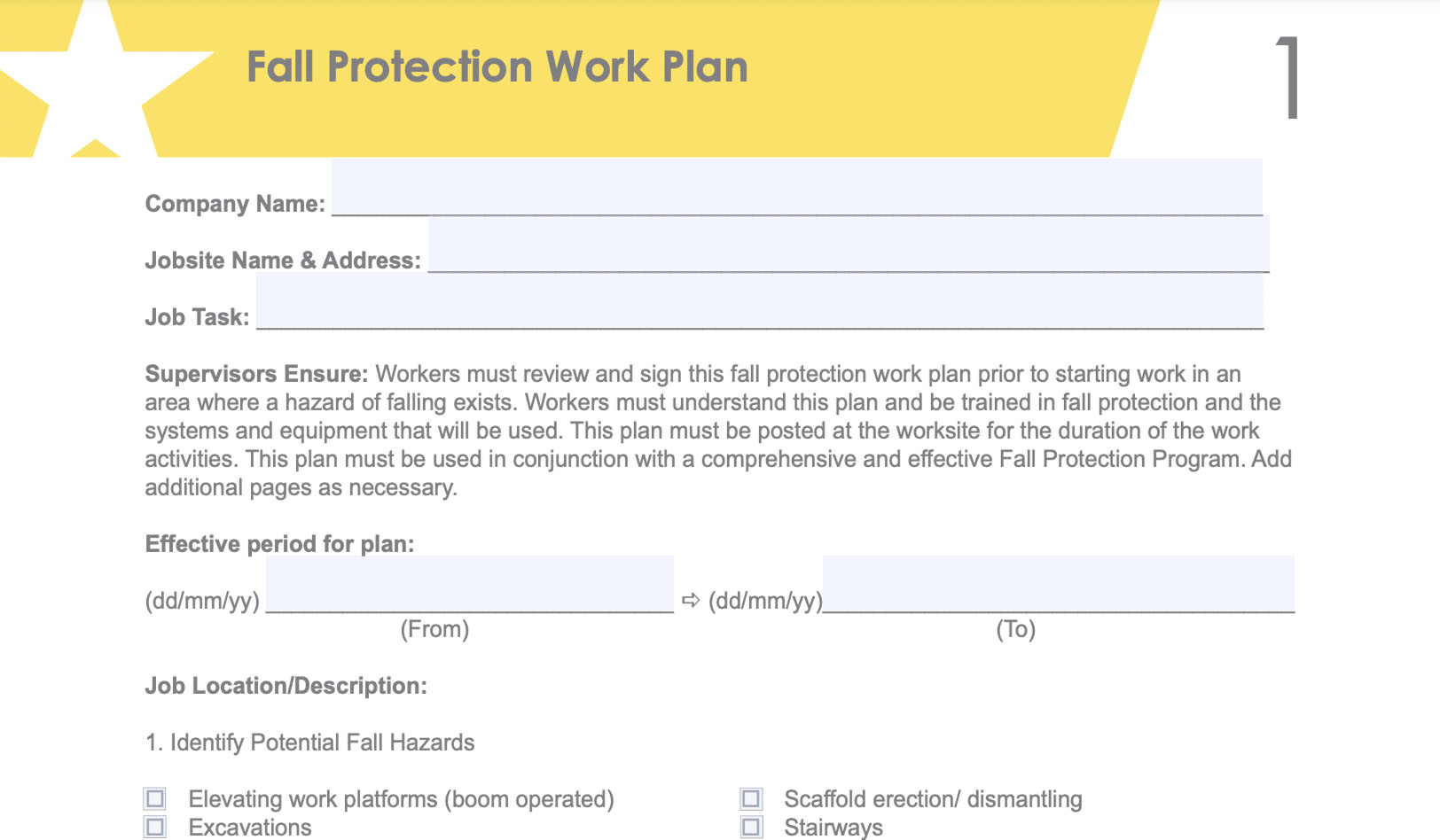 Fall protection work plan