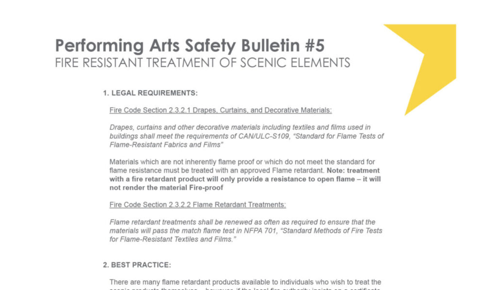 #5 Fire Resistant Treatment of Scenic Elements Performing Arts Safety Bulletin