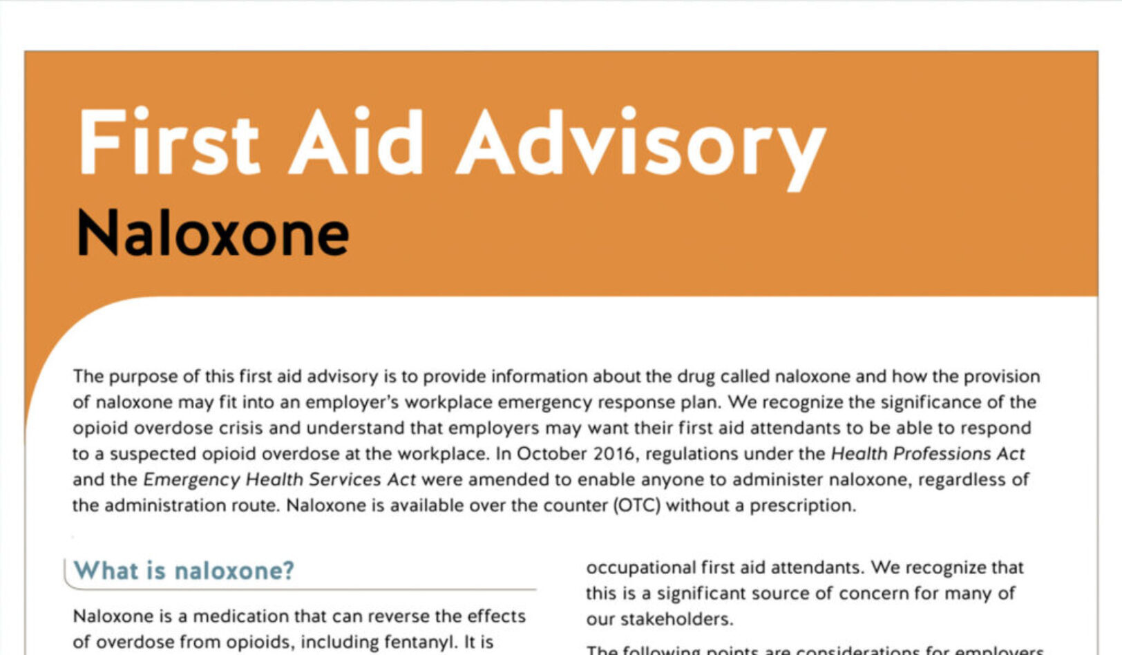 First Aid Advisory: Naloxone, WorkSafeBC Link