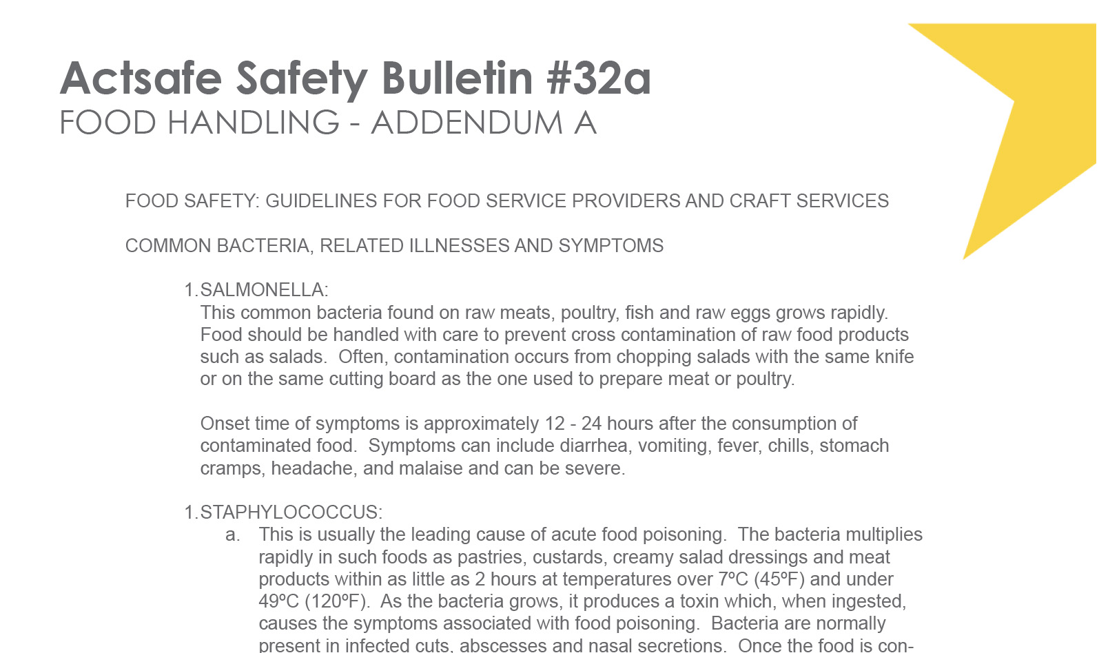 #32A Addendum “A” for Food Handling – Craft Services Motion Picture Safety Bulletin