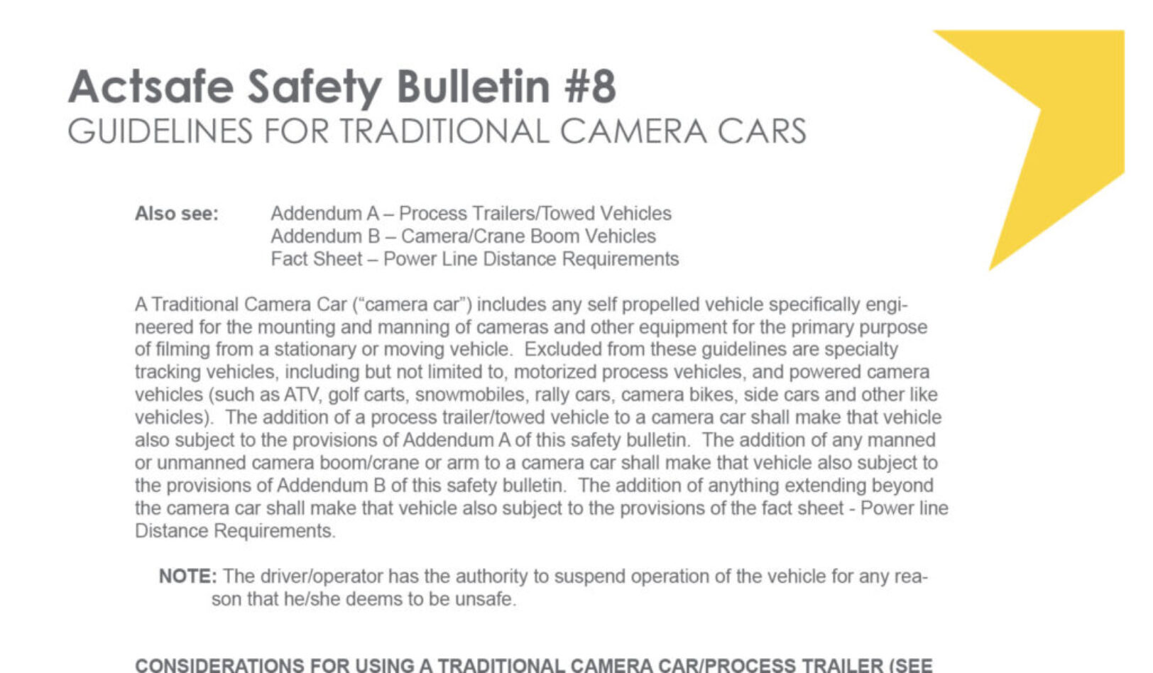 #8 Traditional Camera Cars Motion Picture Safety Bulletin