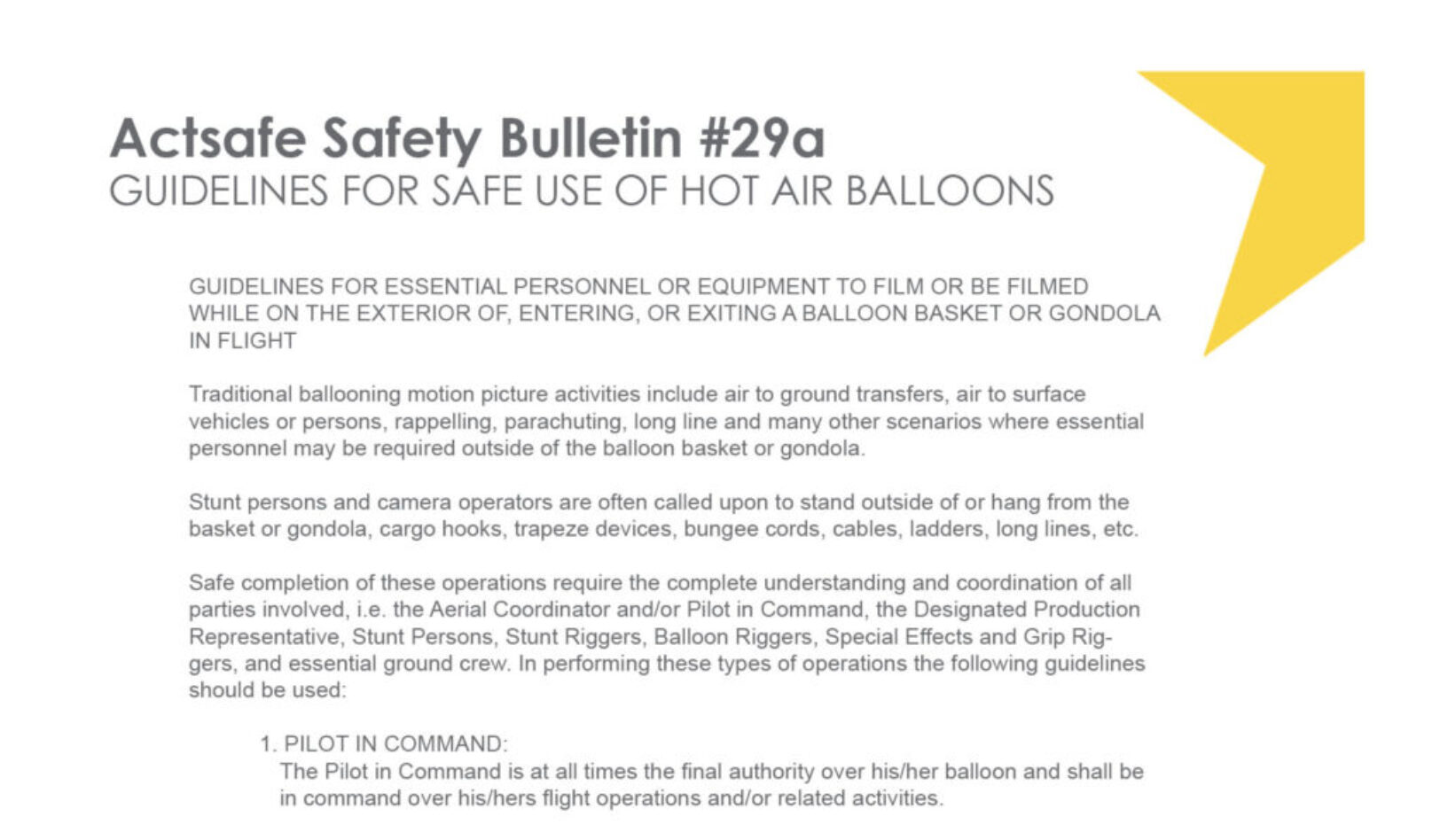 #29A Addendum “A” for Hot Air Balloons, Guidelines For The Safe Use of Hot Air Balloons Motion Picture Safety Bulletin