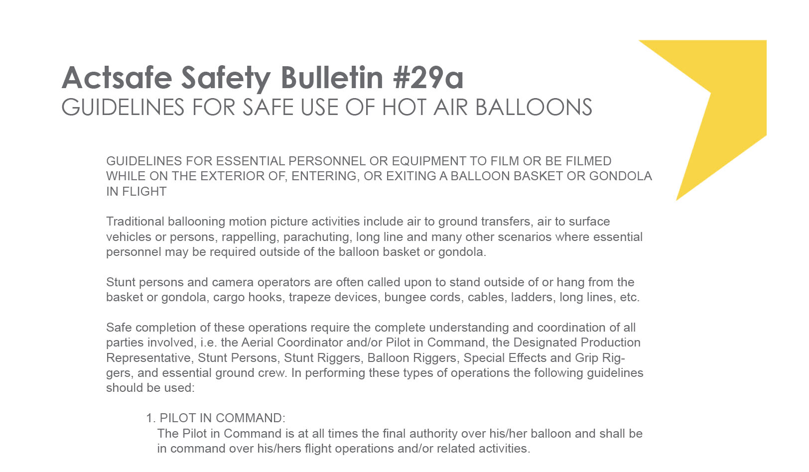 #29A Addendum “A” for Hot Air Balloons, Guidelines For The Safe Use of Hot Air Balloons Motion Picture Safety Bulletin