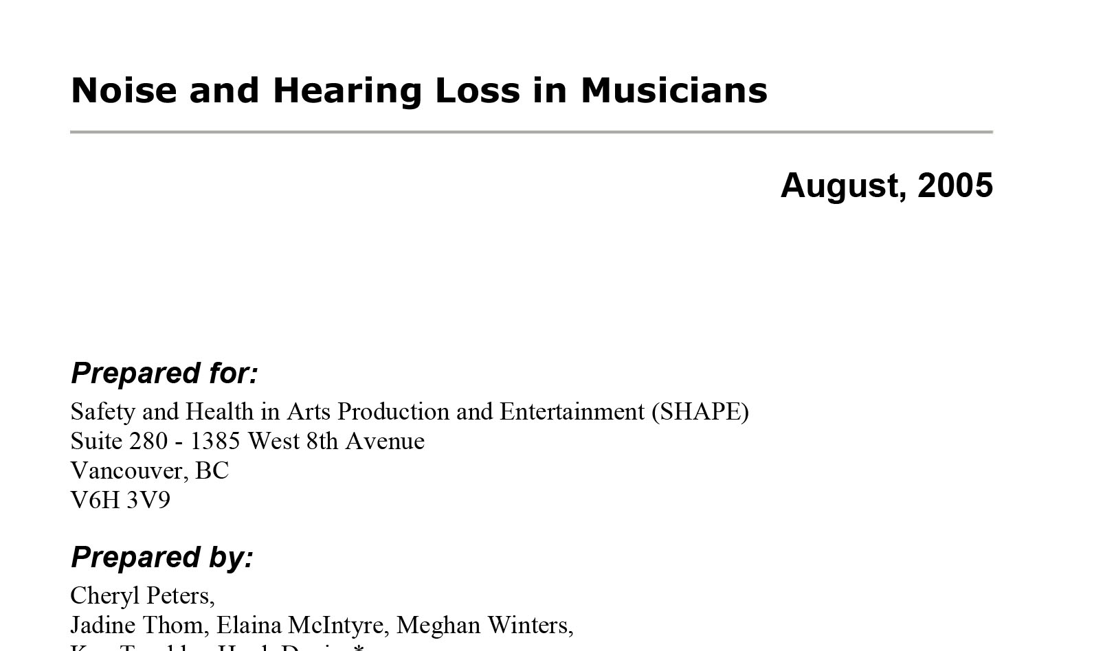 Noise and Hearing Loss in Musicians Report
