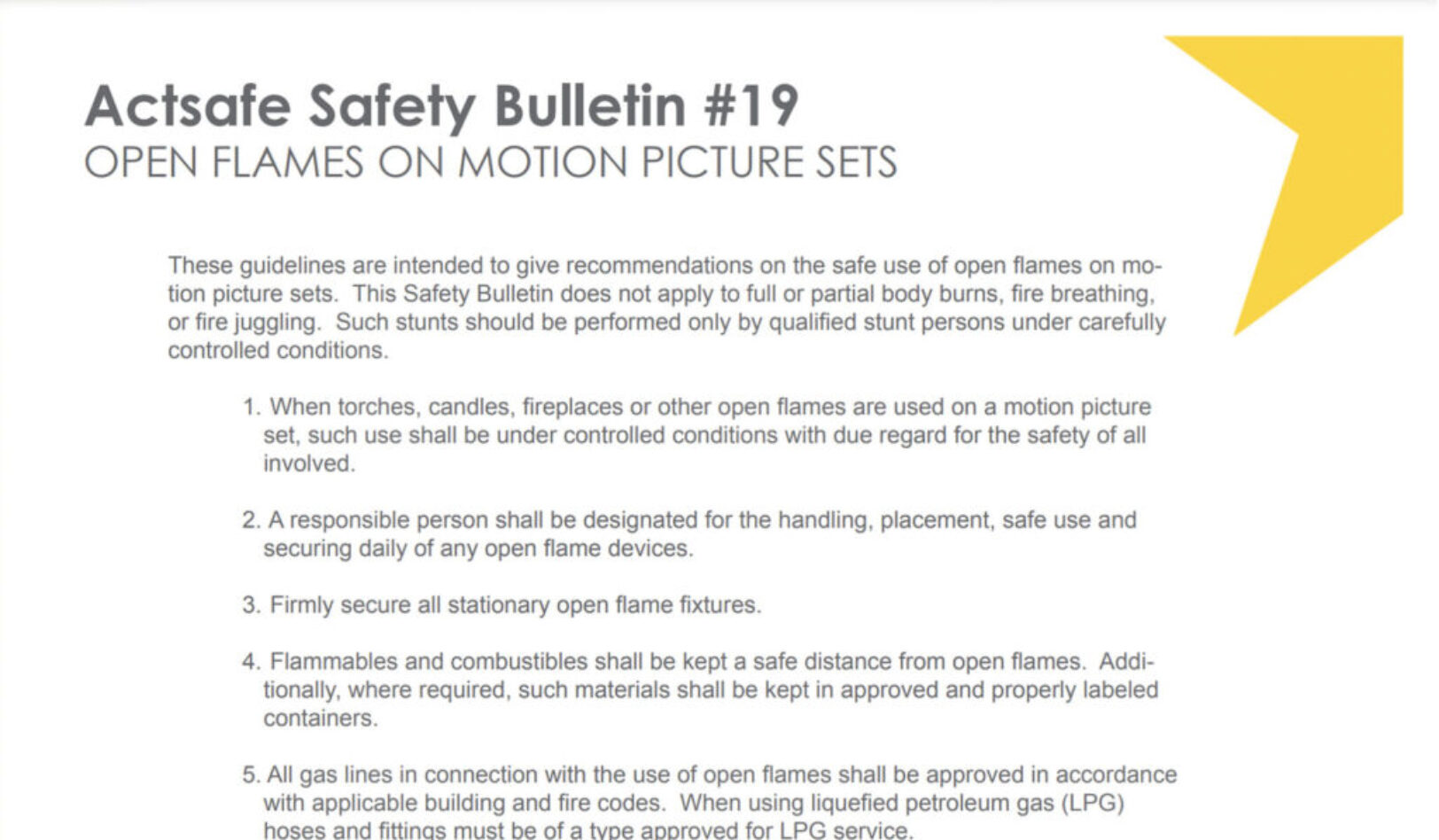 #19 Open Flames On Motion Picture Sets Motion Picture Safety Bulletin