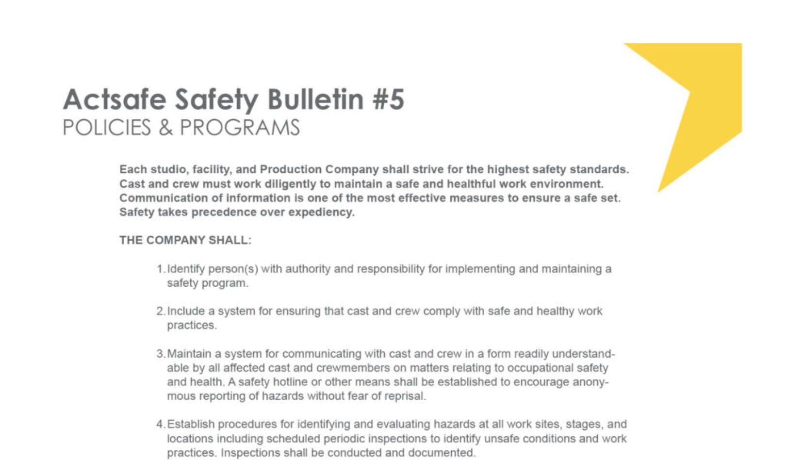 #5 Policies and Programs Motion Picture Safety Bulletin