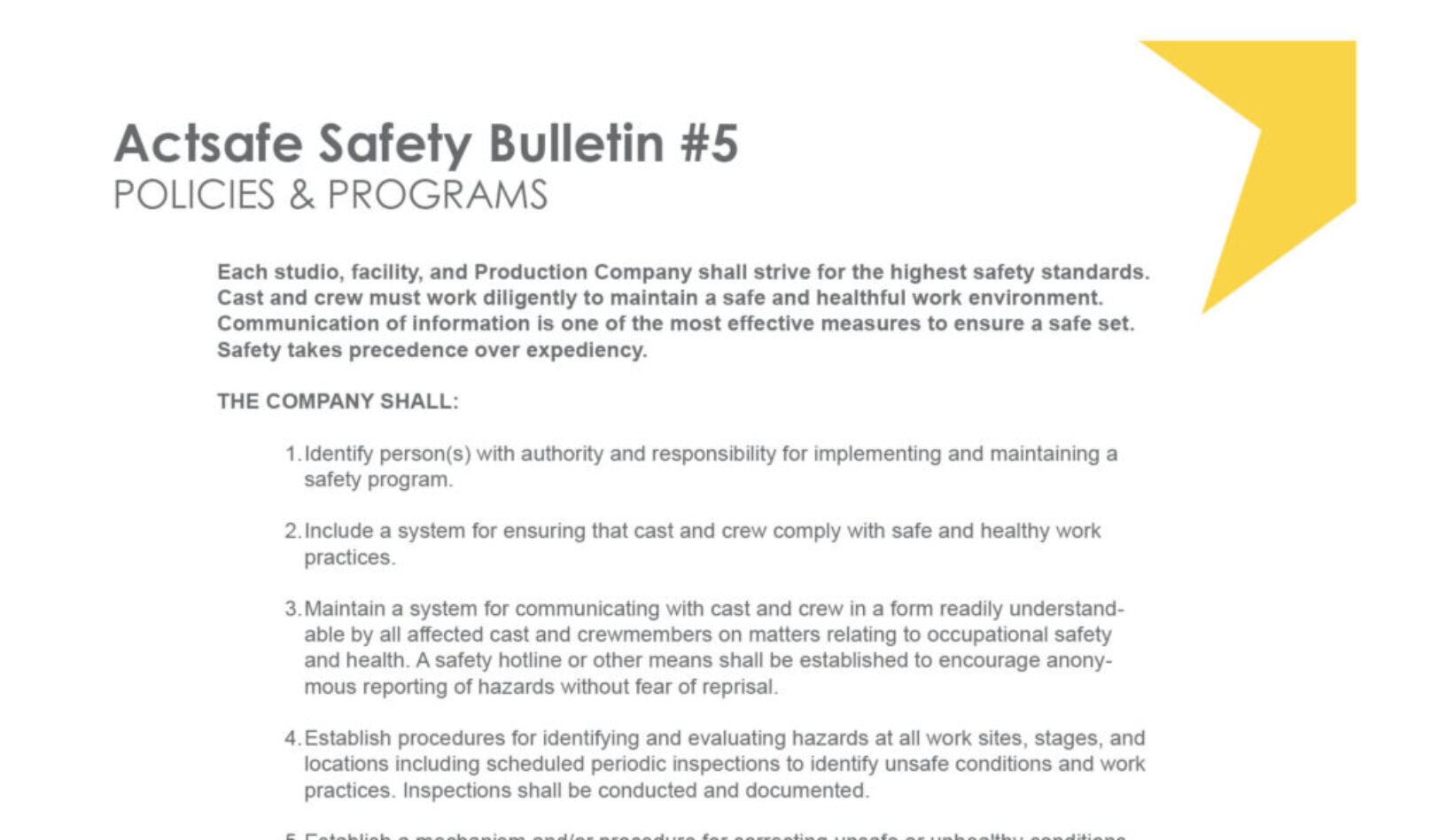 #5 Policies and Programs Motion Picture Safety Bulletin