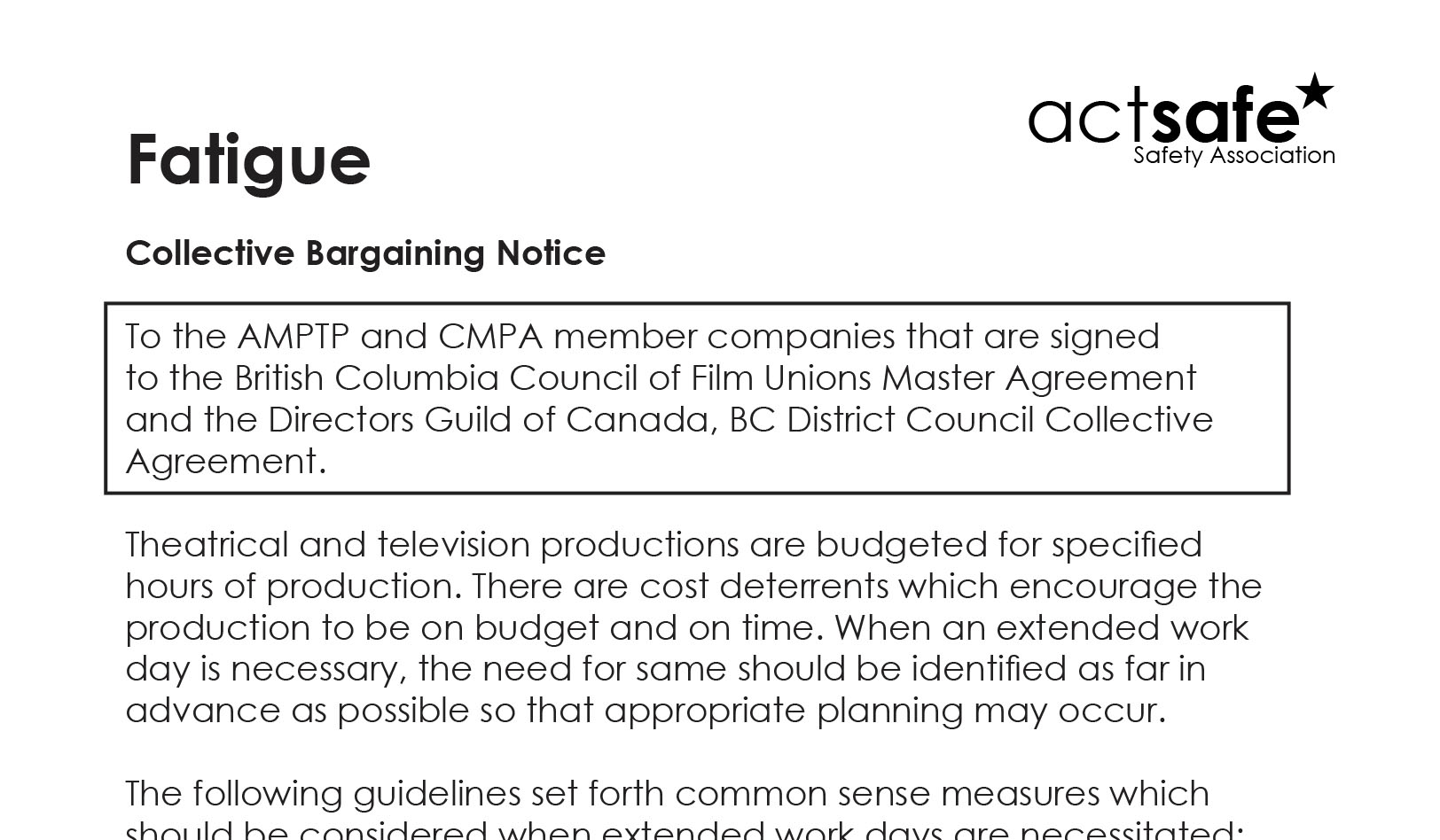 Recommendations For Managing Fatigue in the Motion Picture Industry Booklet