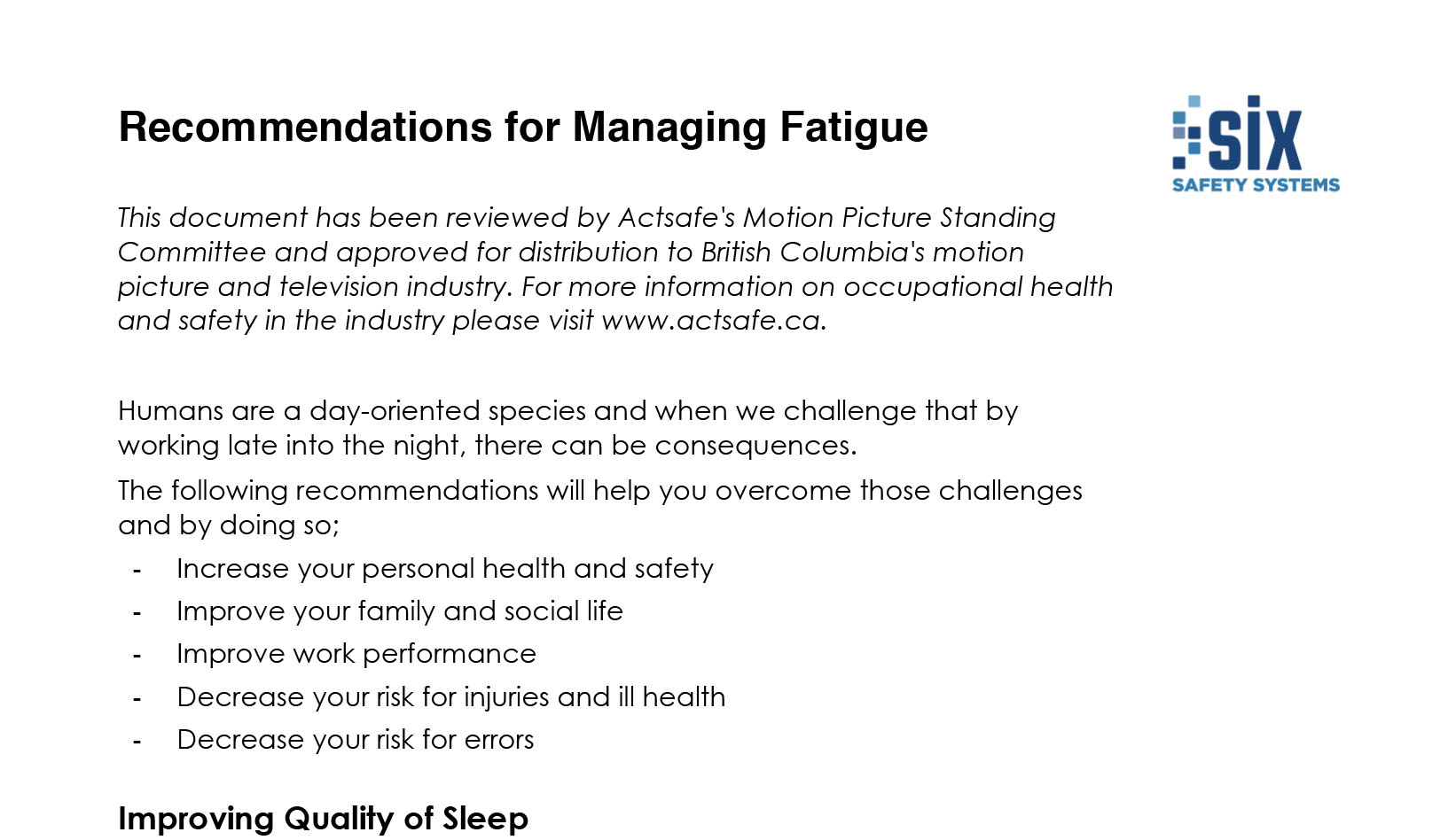 Recommendations For Managing Fatigue in the Performing Arts Industry Booklet