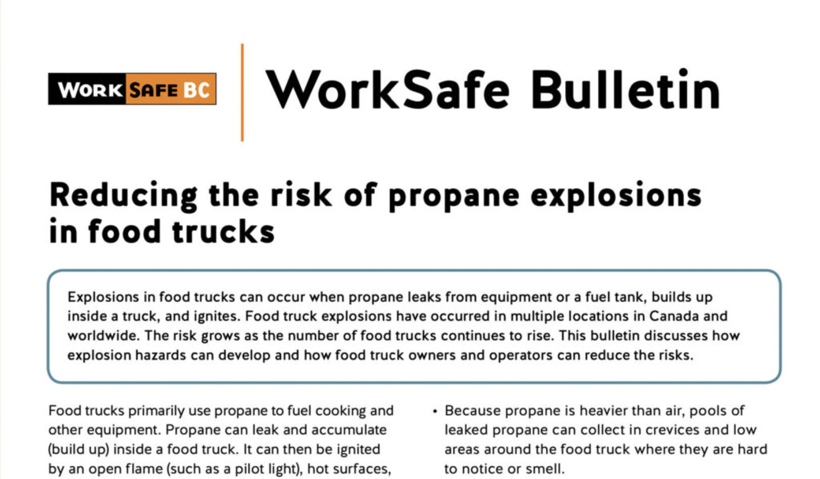 Reducing the Risk of Propane Explosions in Food Trucks WorkSafeBC Bulletin