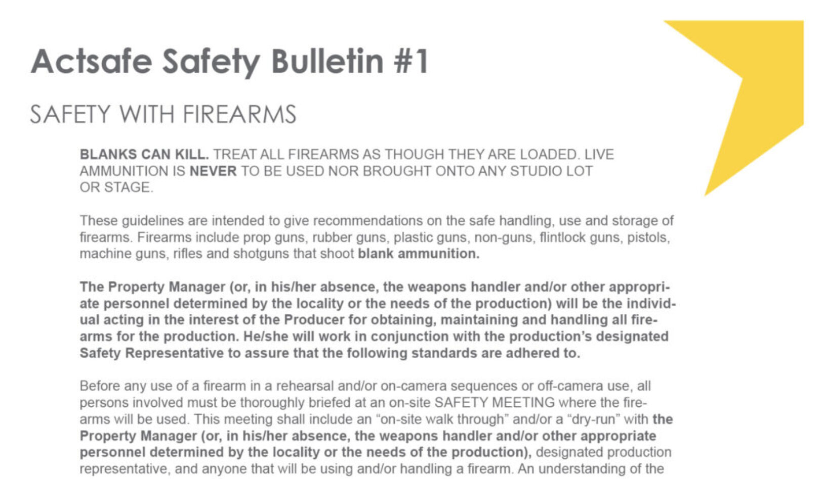 Motion picture bulletin safety firearms