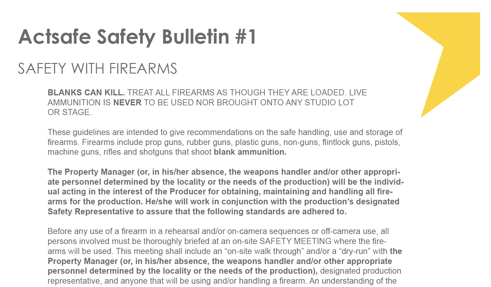 Motion picture bulletin safety firearms