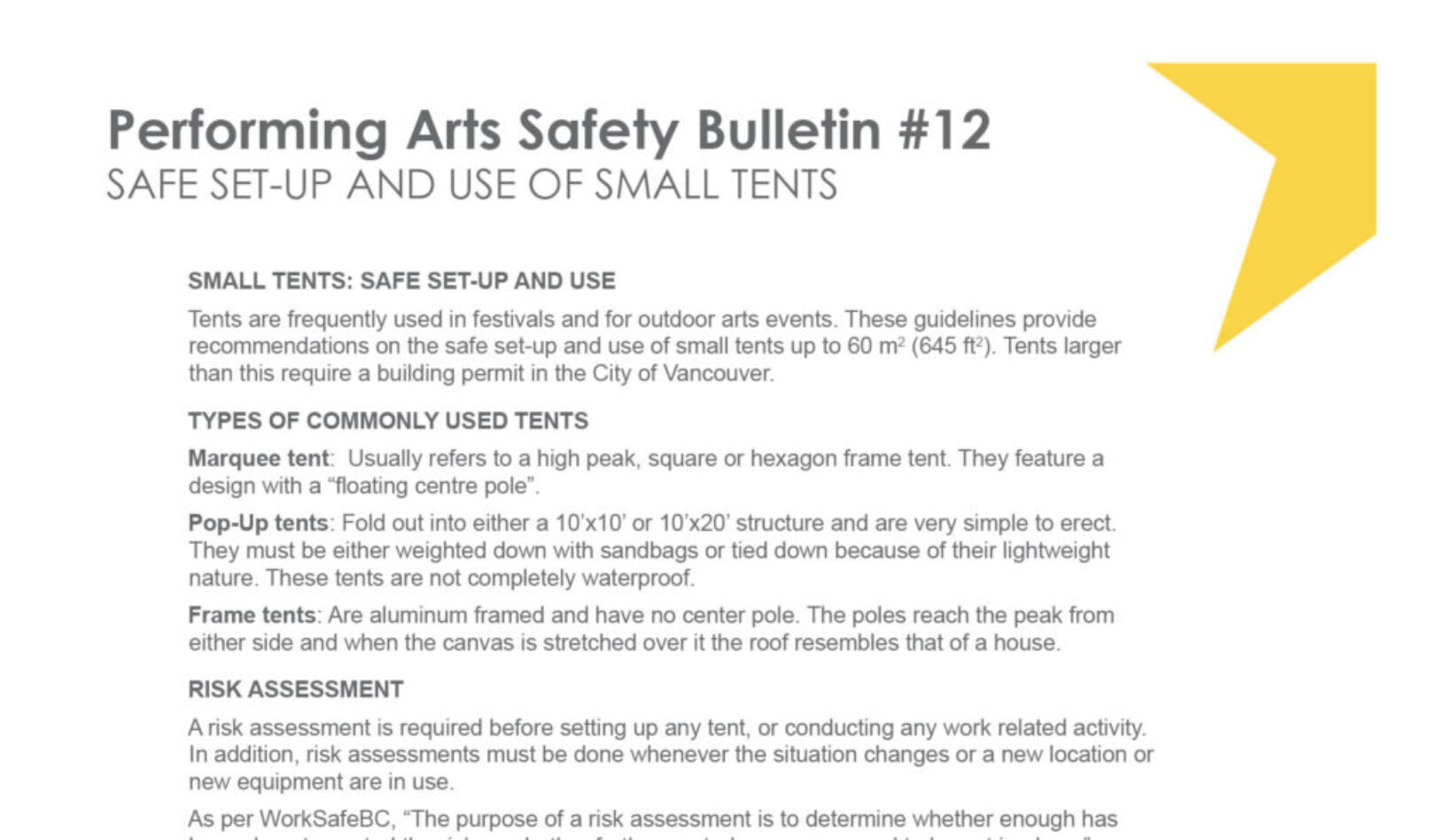 #12 Safe Set-Up and Use of Small Tents Performing Arts Safety Bulletin