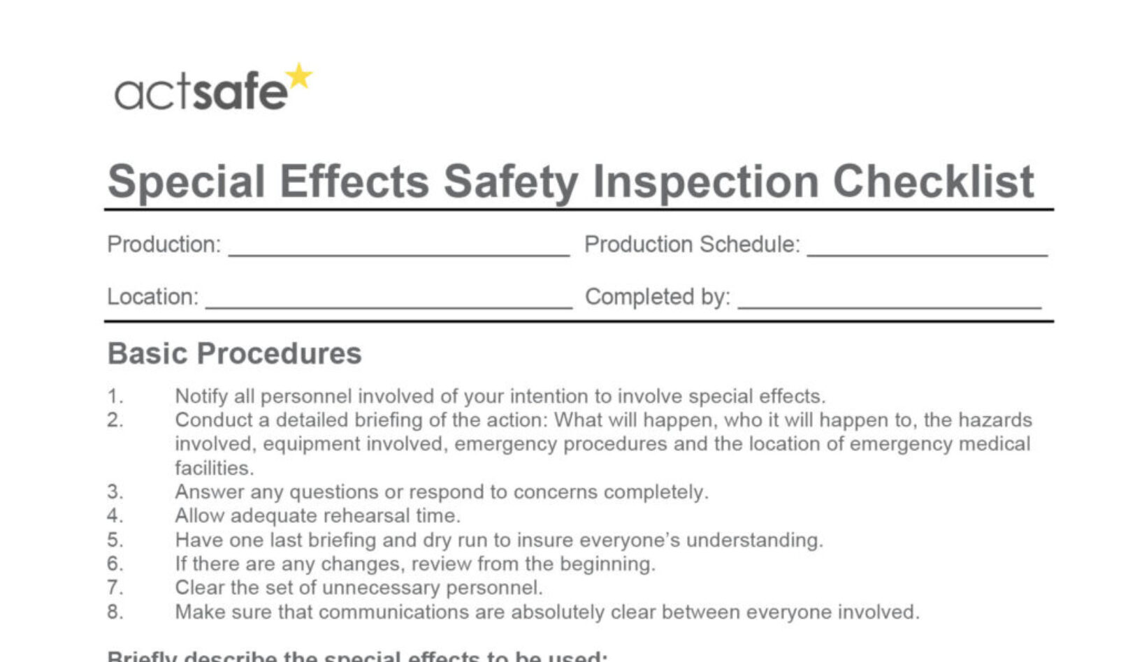 Special Effects Safety Inspection Checklist
