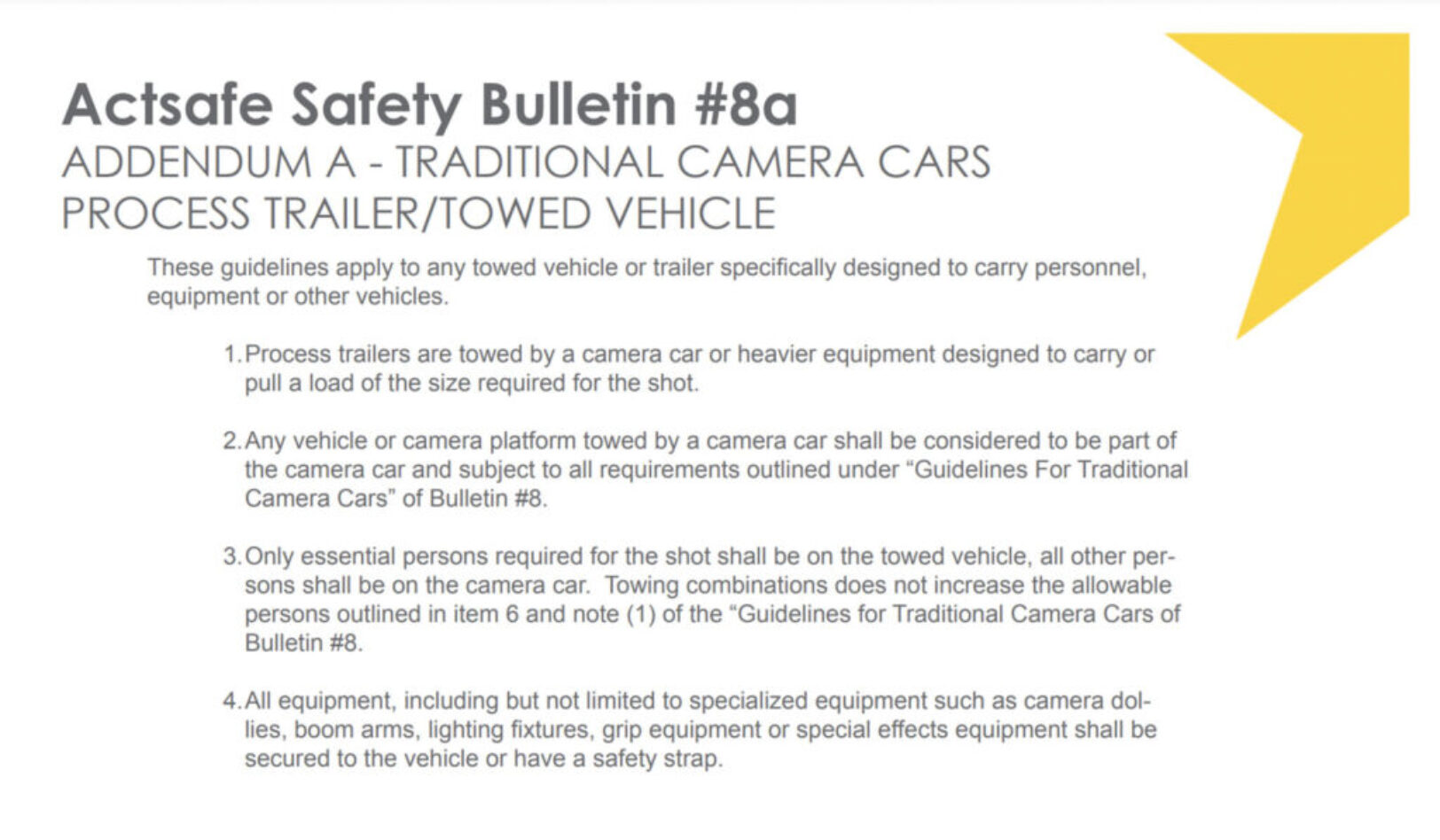 #8A Addendum “A” for Traditional Camera Cars – Process Trailer/ Towed Vehicle Motion Picture Safety Bulletin