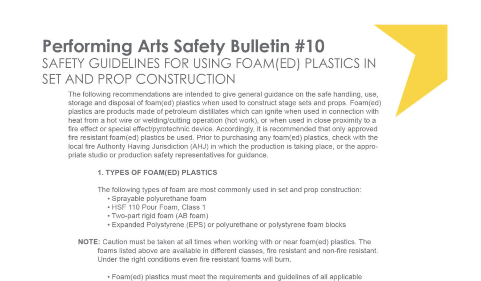 #10 Safety Guidelines for Using Foam(ed) Plastics in Set and Prop Construction Performing Arts Bulletin