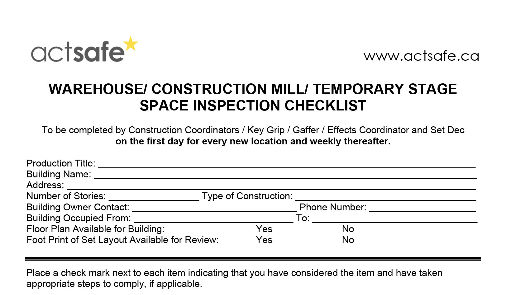 Warehouse/Construction Mill/Temporary Stage Space Inspection Checklist