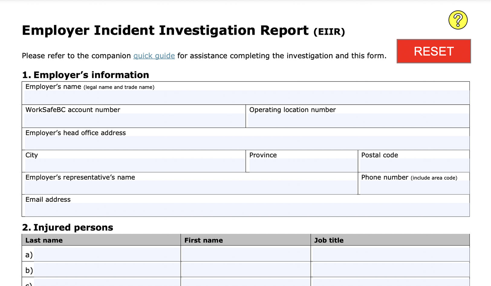 WorkSafeBC Employer Incident Investigation Report