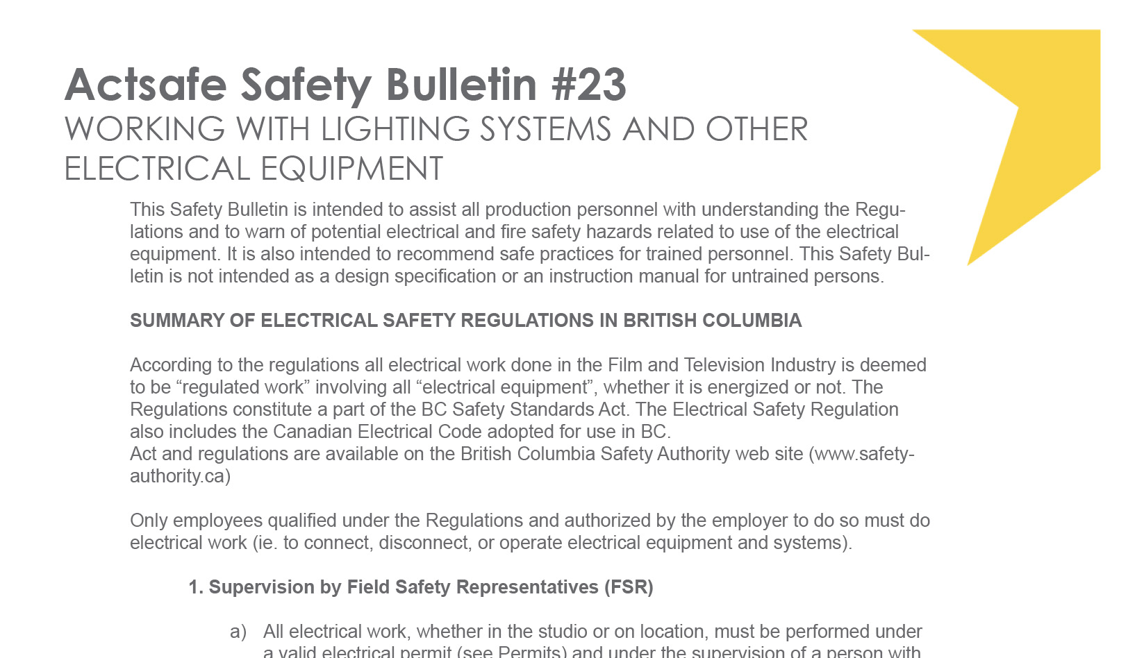 #23 Working With Lighting Systems and Other Electrical Equipment Motion Picture Safety Bulletin