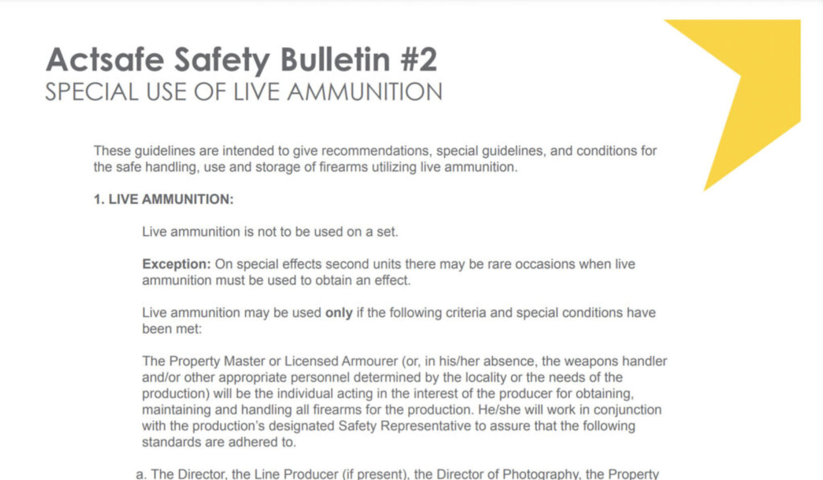#2 Special Use of Live Ammunition Motion Picture Safety Bulletin