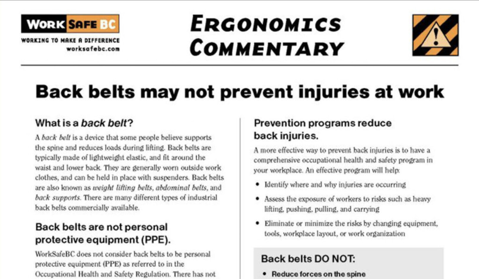 Ergonomics Commentary – Back Belts