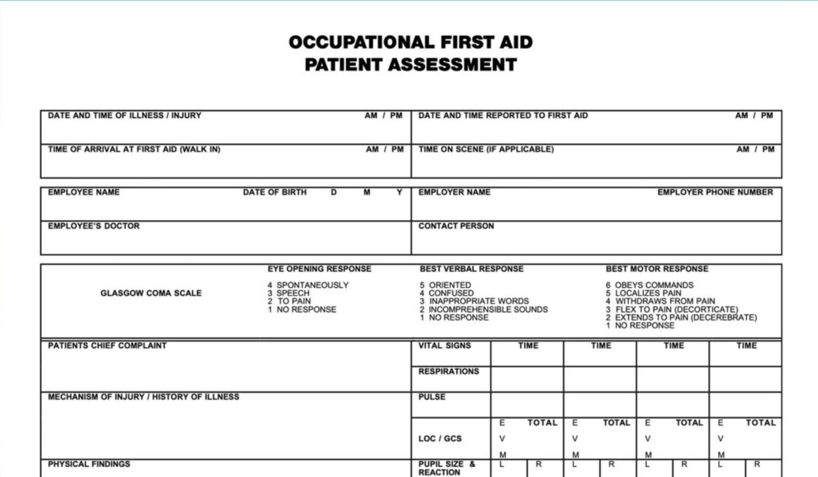 First Aid Patient Assessment (WorkSafeBC Form 55M60)