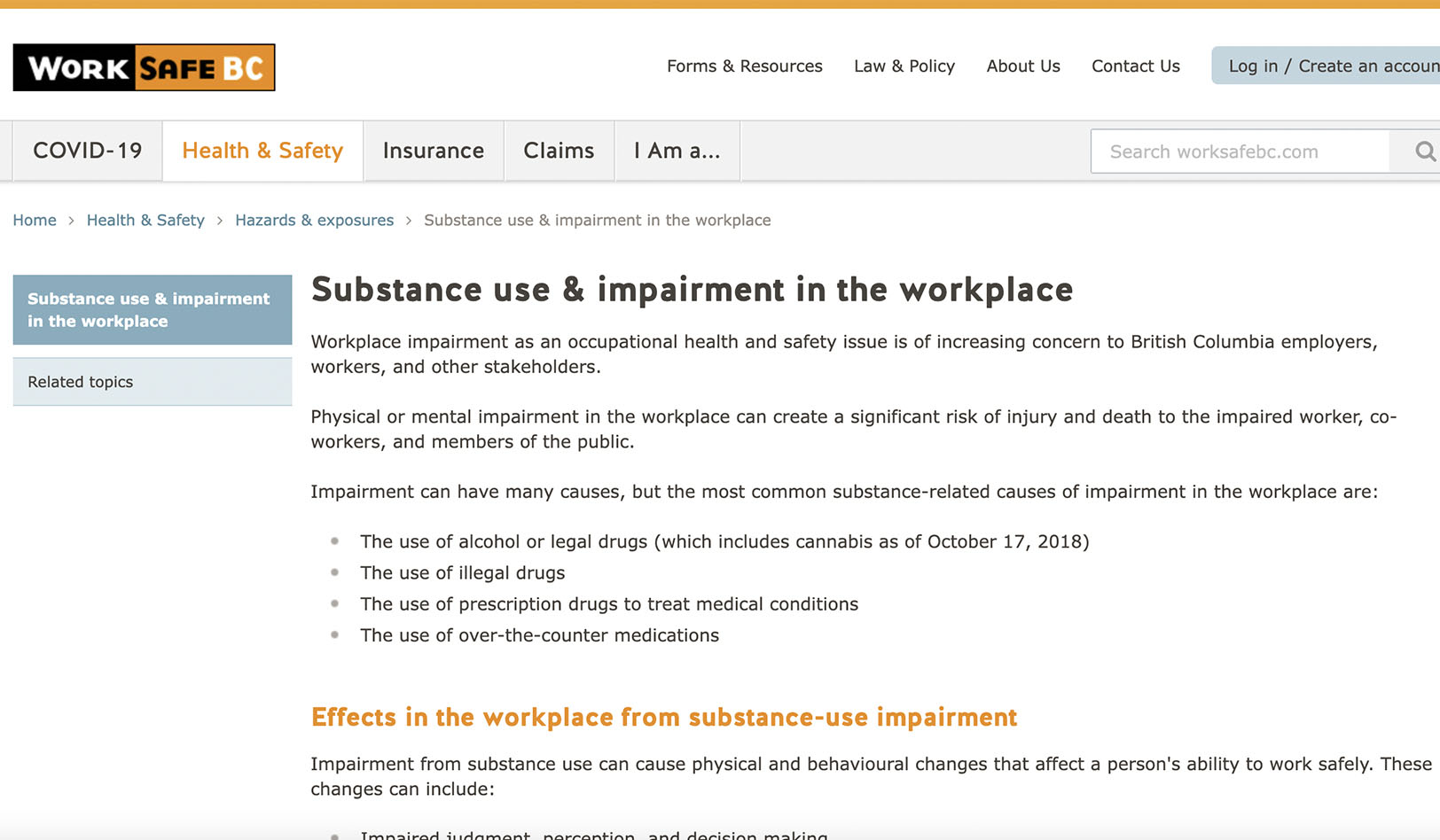 Substance Use & Impairment in the Workplace WorkSafeBC Link