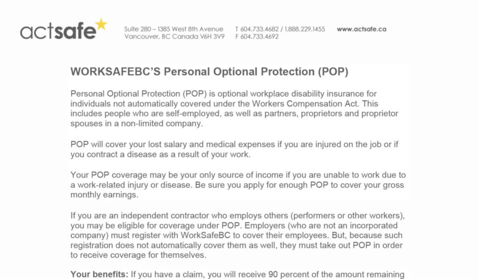 Personal Optional Protection (POP) Info Sheet WorkSafeBC Link