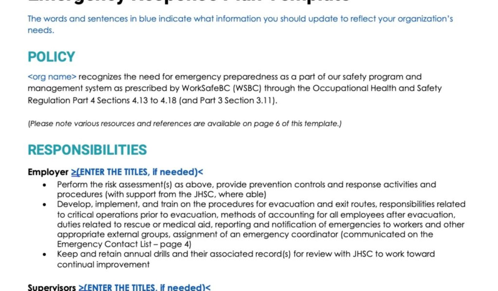 Emergency Response Plan Template
